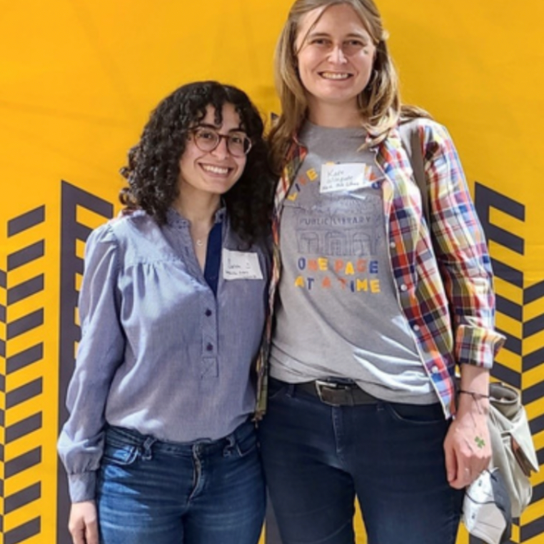Selva Ibrahim (EP Circulation Assistant, left) and Kate Wingate (RP Circulation Assistant, right) at Urban Green Lab's Sustainability Roundtable on March 17, 2022.