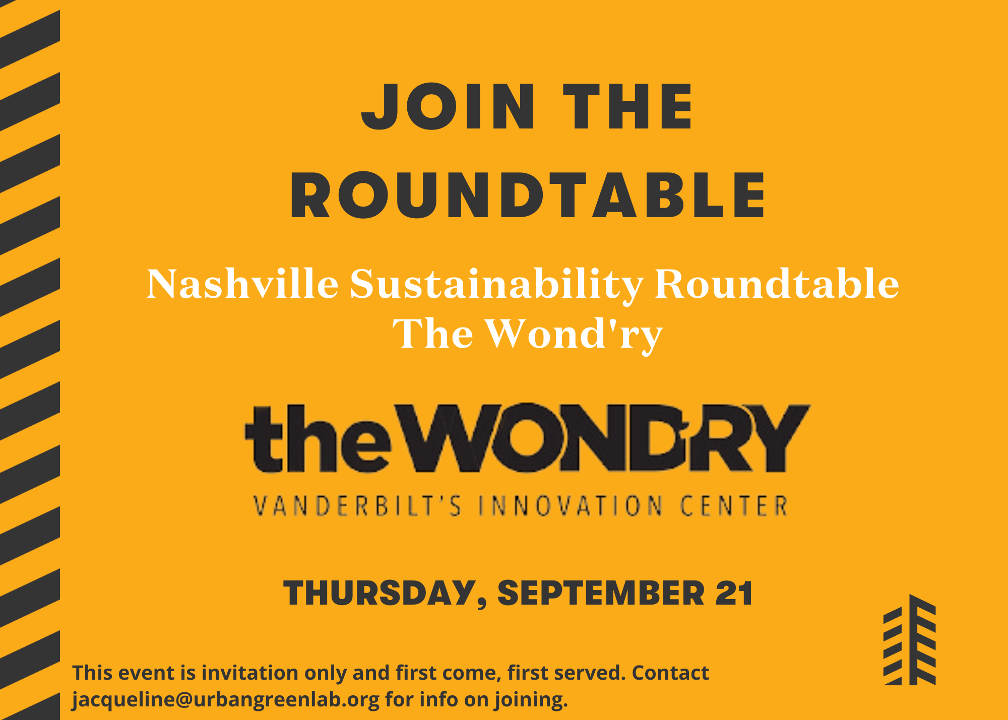 Graphic encouraging people to join the Nashville Sustainability Roundtable and attend our event at The Wond'ry