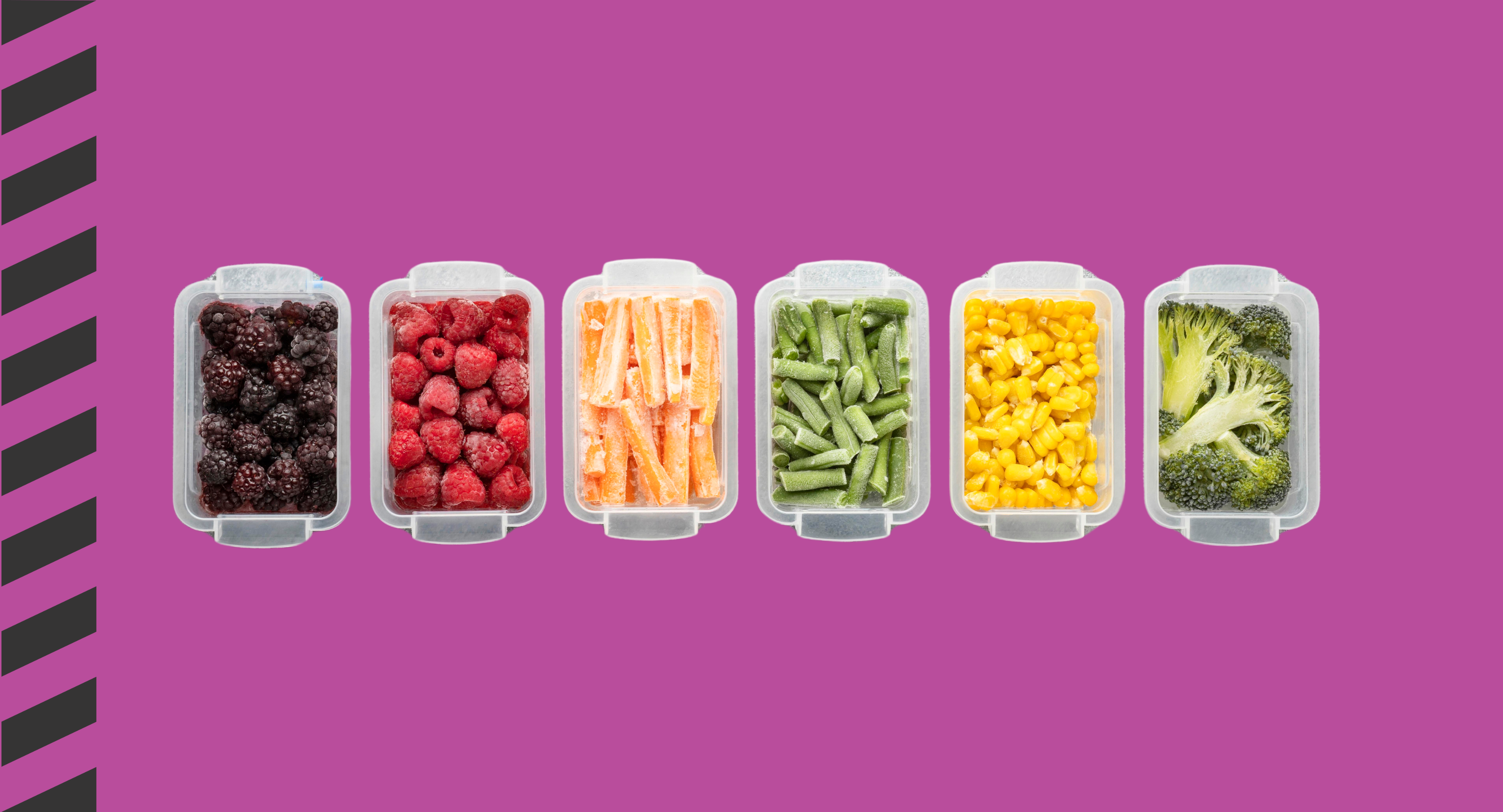 A graphic with various frozen produce in storage containers