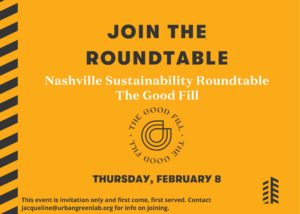 Graphic to promote the Nashville Sustainability Roundtable on February 8 with The Good Fill