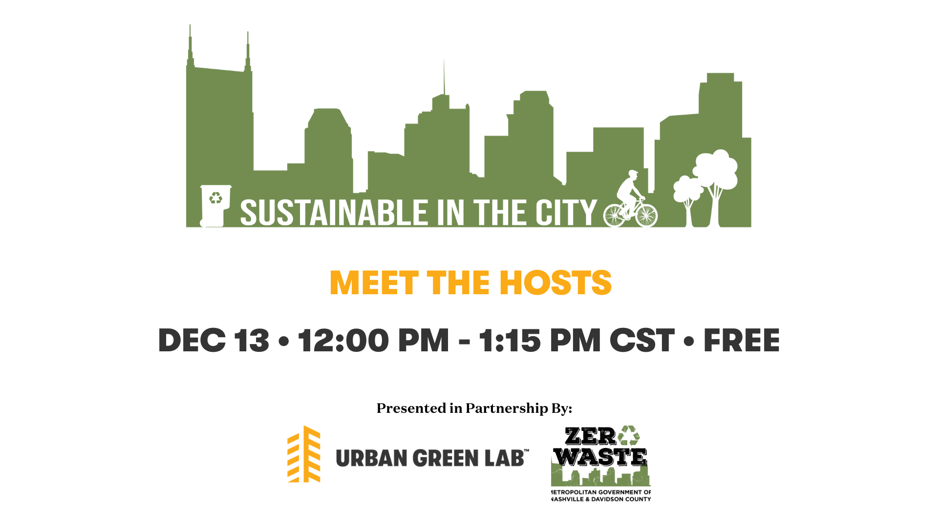 Graphic promoting the Sustainable in the City webinar on Dec. 13 at 12 p.m.
