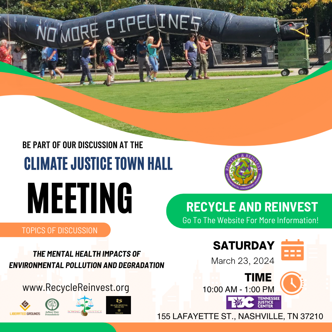 Flyer for the Climate Justice Town Hall Meeting hosted by Recycle & Reinvest on March 23 at 10 a.m.