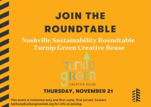 Graphic sharing about the Nashville Sustainability Roundtable at Turnip Green Creative Reuse on November 21