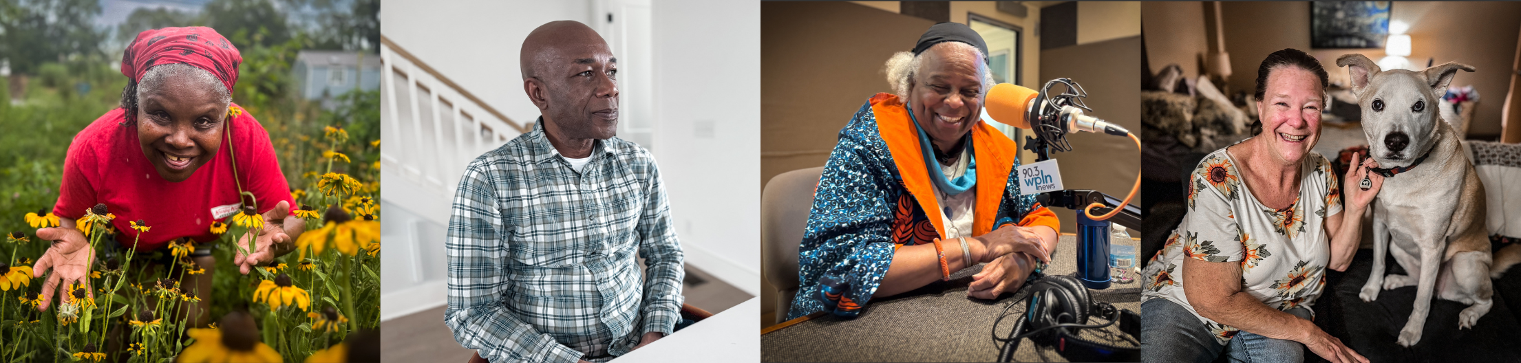 4 photos strung together: a woman in red bends over a bed of yellow flowers; a man in a button-up shirt sits peacefully in a white room; a woman in colorful garb smiles in front of a podcast microphone; a woman in a t-shirt sits beside her dog.