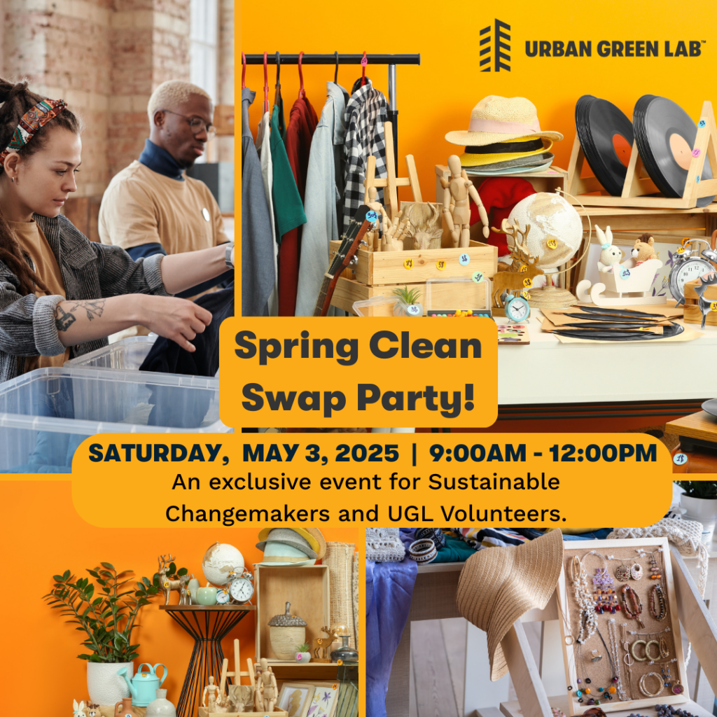 spring clean swap party announcement text over 4 image blocks of people shopping, and items available at the swap