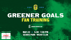 Greener Goals Fan Sustainability Training flyer, featuring Coca-Cola sponsorship