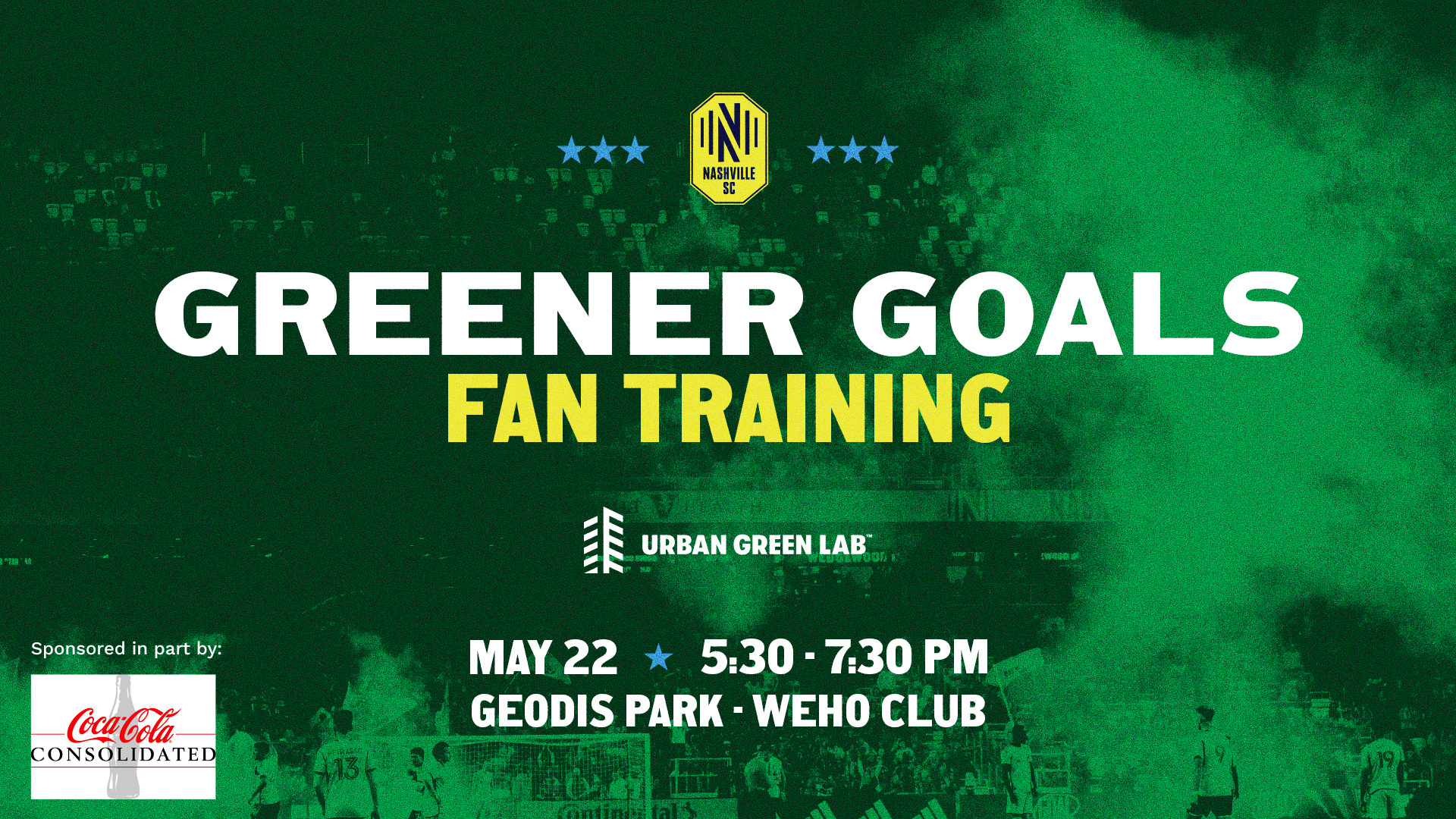 Greener Goals Fan Sustainability Training flyer, featuring Coca-Cola sponsorship