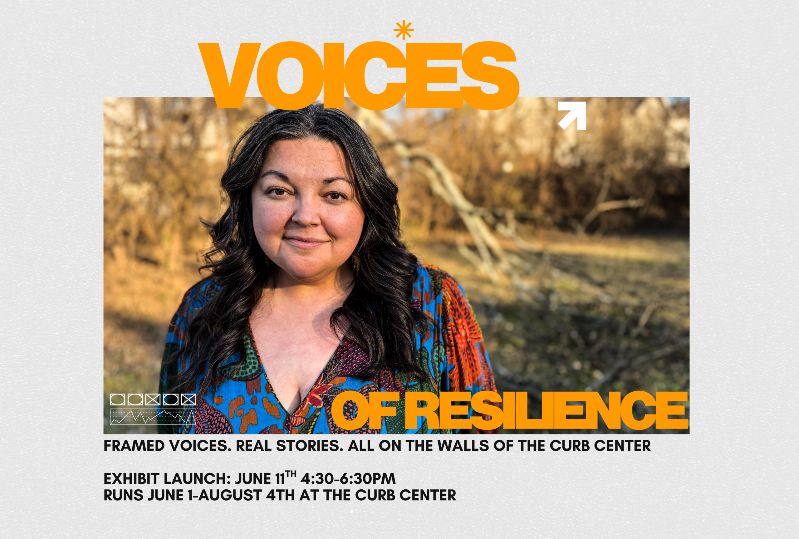 voices of resilience at curb center flyer. photo of a woman with long brown hair in a colorful top with a nature background
