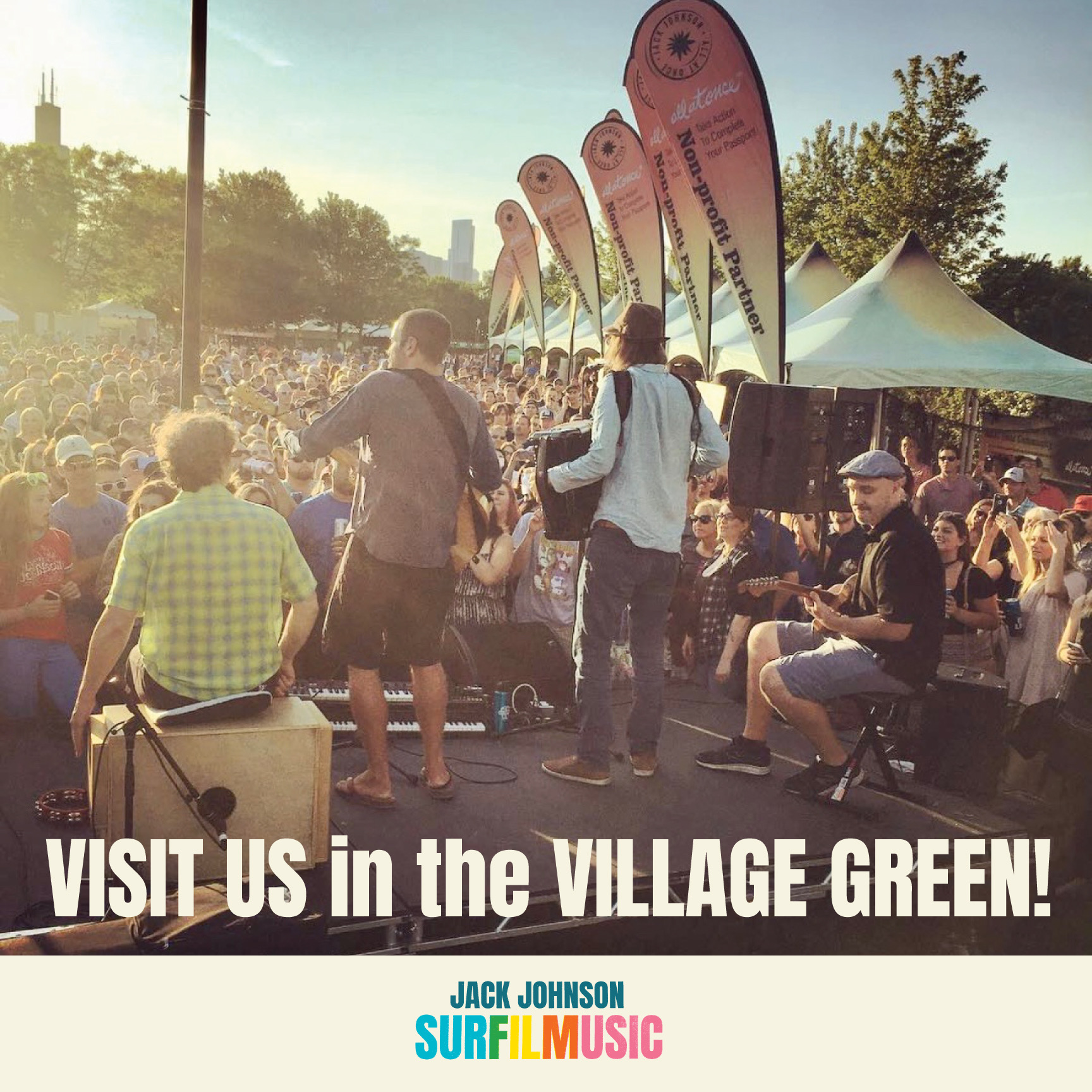 Hazy image of musicians on stage with text: visit us in the village green!