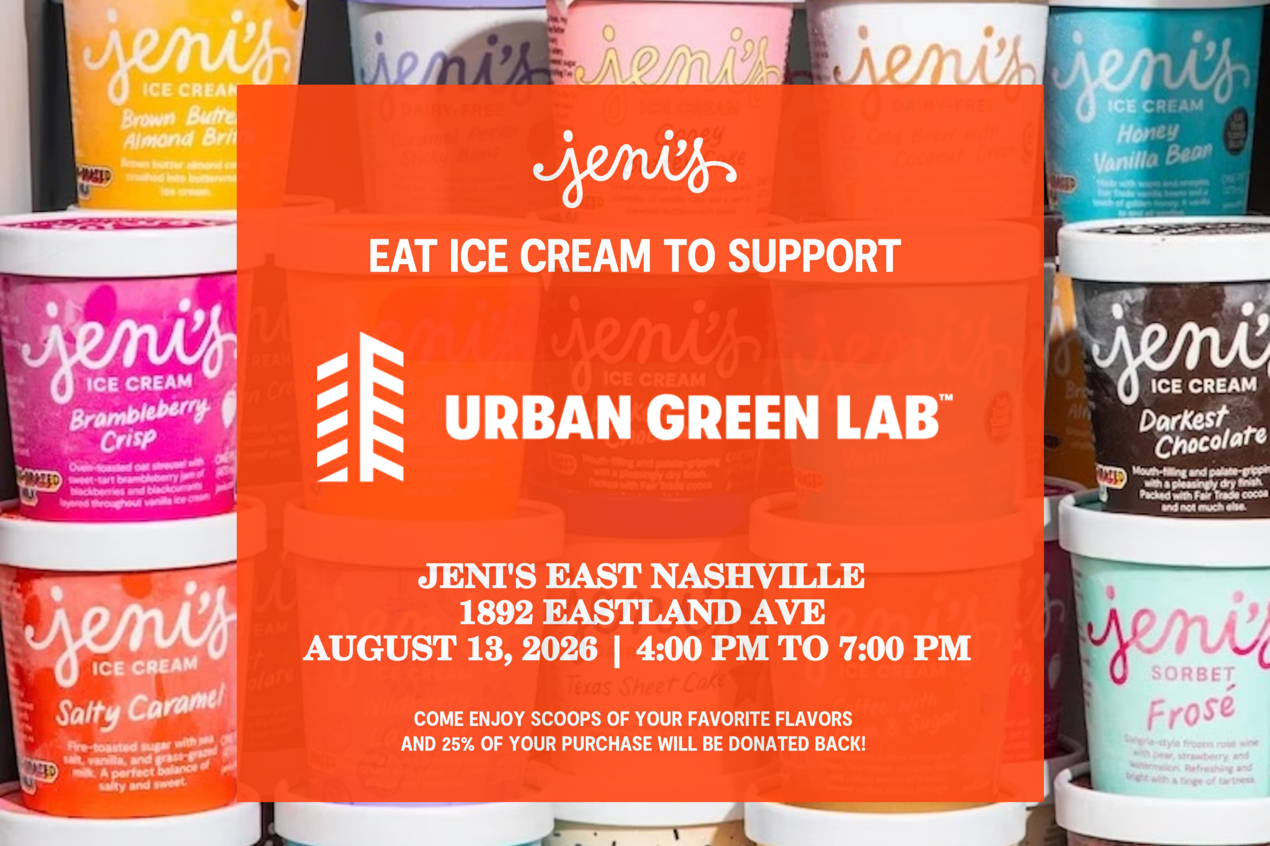 eat ice cream to support urban green lab. join us at jenis ice cream east nashville for an ice cream social this thursday, aug 13th from 4-7pm