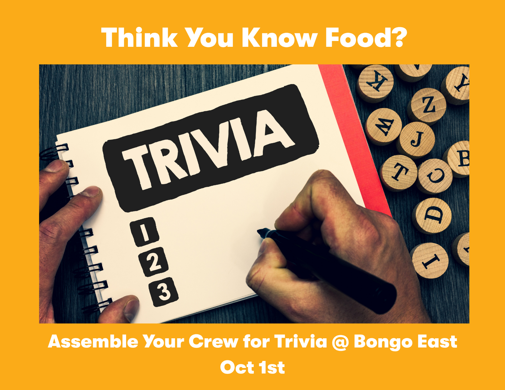 think you know food? hand writing on a trivia card.