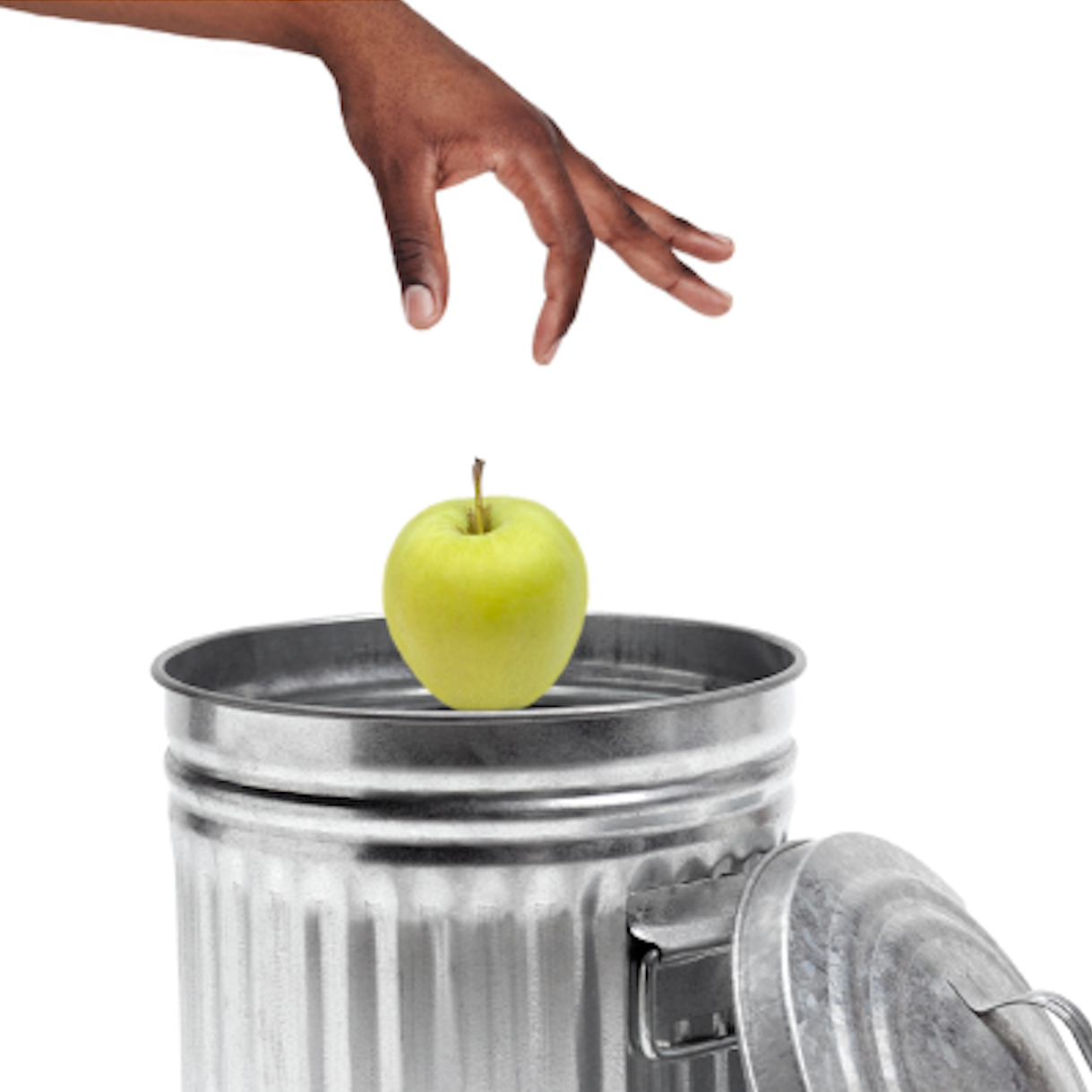 Person dropping a perfect apple into a trashcan